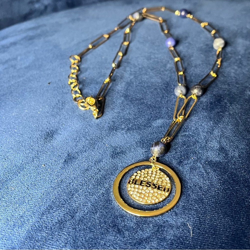 ‘Blessed’ Gold Tone Paper Clip Statement Necklace with Blue Beading - Picture 3 of 7